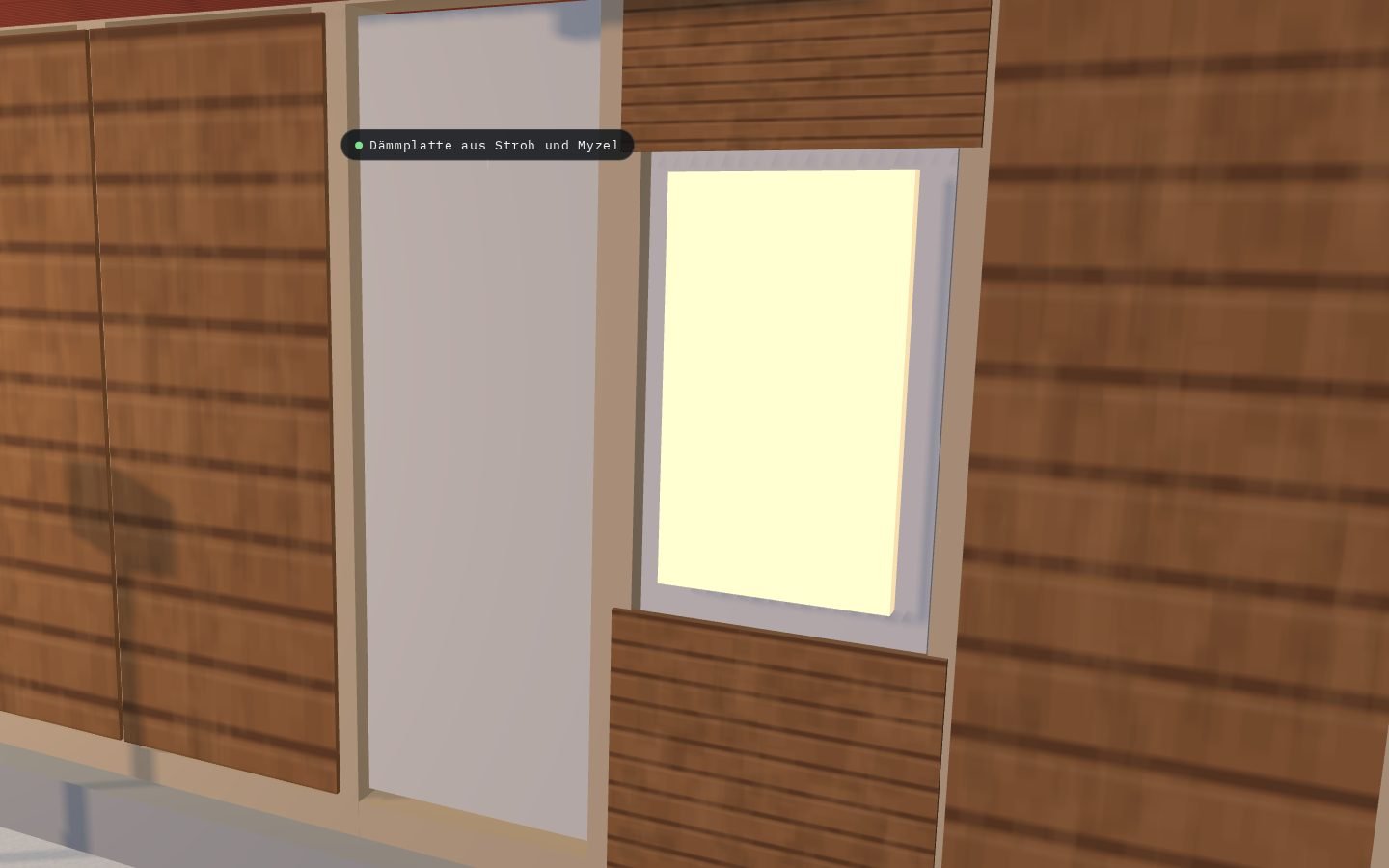 Holzhaus im Schnee am Abend, ein Wandausschnitt ist geöffnet und zeigt die Dämmplatte aus Stroh und Myzel zwischen den Ständern. Durch die geöffnete Vorderwand sieht man das warme Wohnzimmer: Familie auf dem Sofa, Ofen mit Feuer, Tannenbaum mit Lichtern.